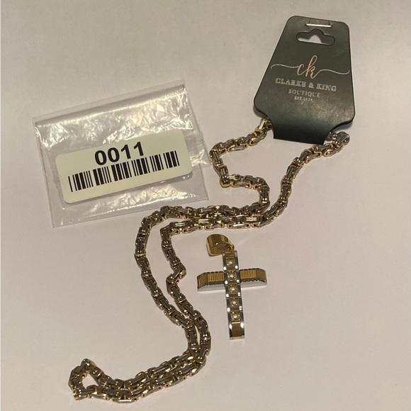 Men’s Gold & Silver 24” Byzantine Necklace & Vintage S.S. Zirconia Cross Pendant - Picture 7 of 7